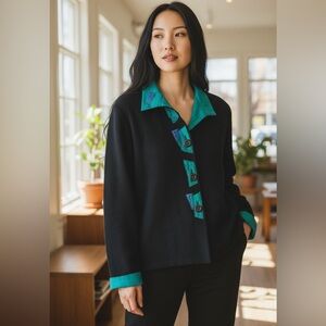 Joyce Fogle jacket black silk teal accents vtg boho designer handmade funky 90’s